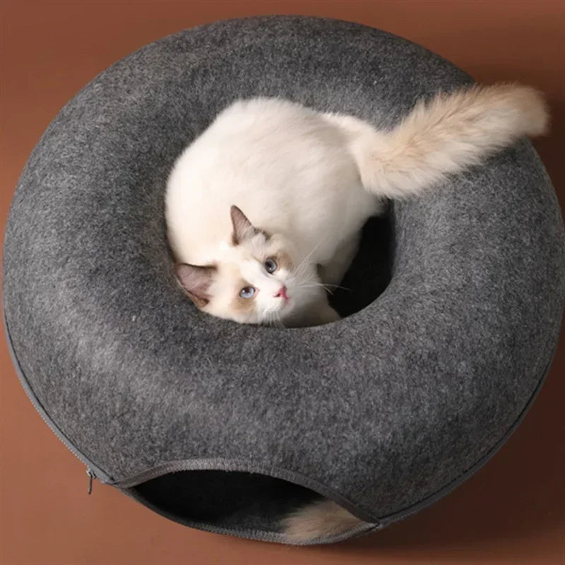 2-in-1 Felt Cat Tunnel Donut Bed