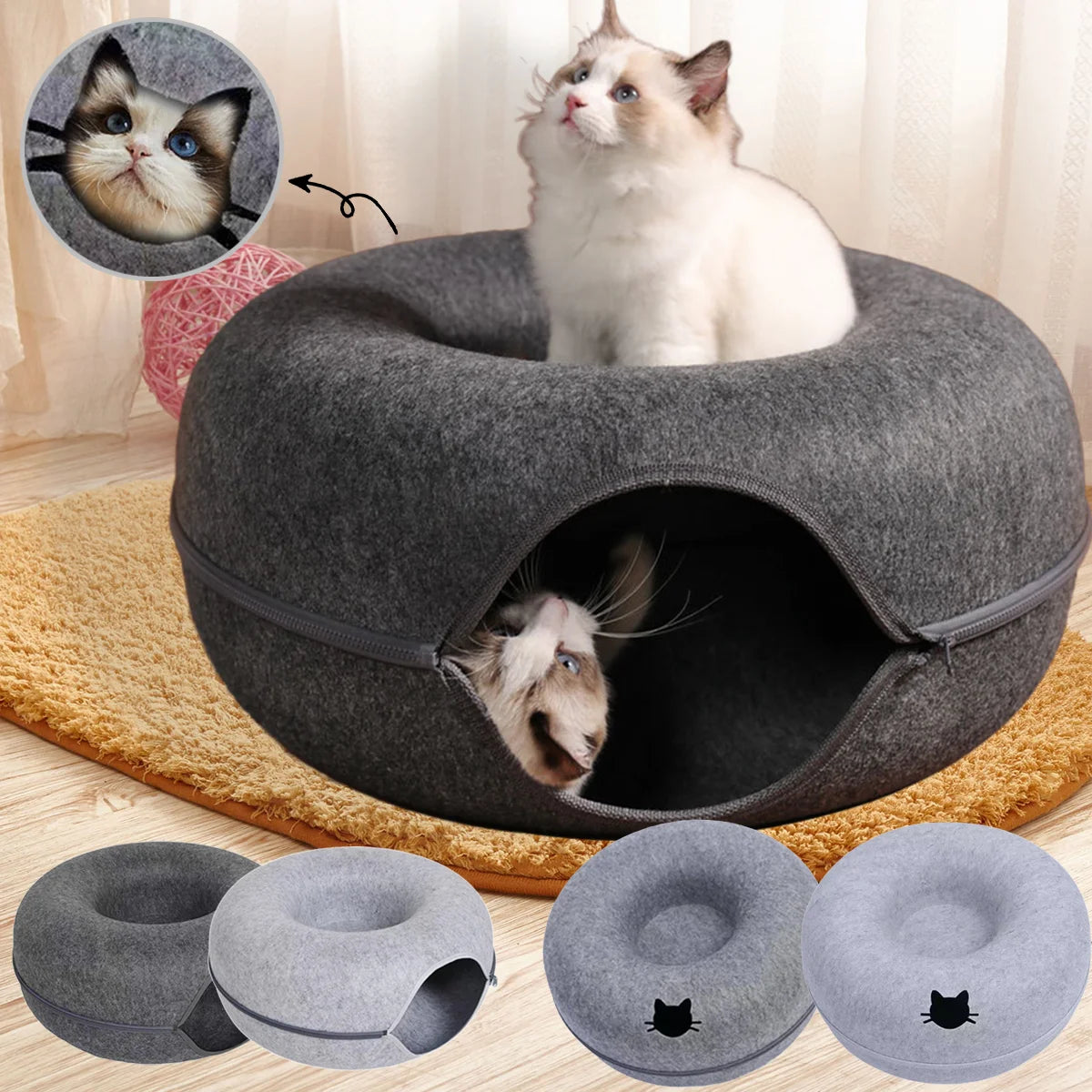 2-in-1 Felt Cat Tunnel Donut Bed
